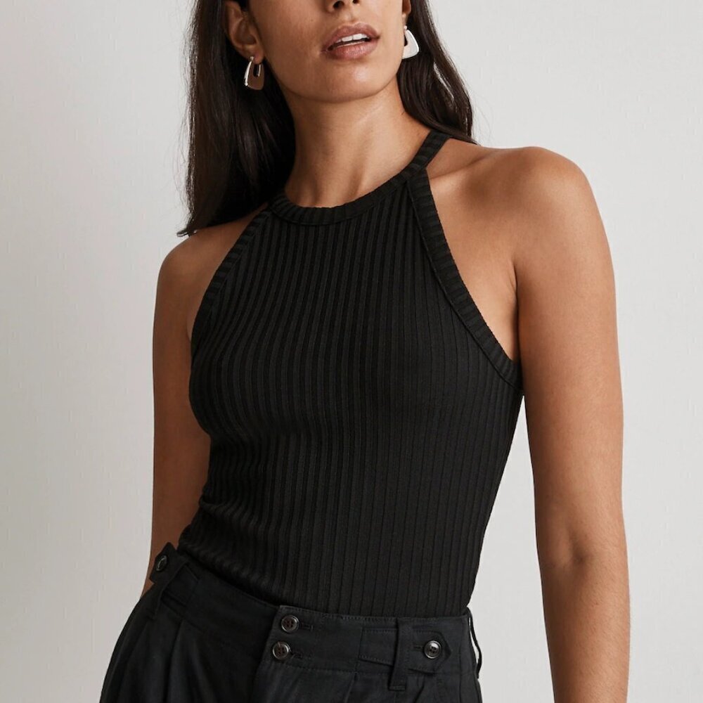 Madewell Ribbed Cutaway Crewneck Tank Fitted Black Size XXS NWT